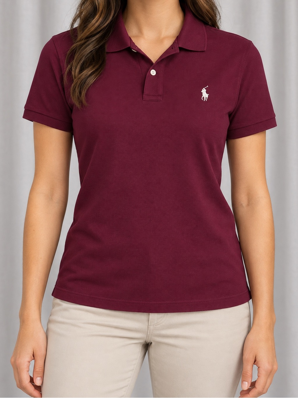 Polo Ralph Lauren Polo Shirt Womens Medium Burgundy Skinny Fit White Pony Logo